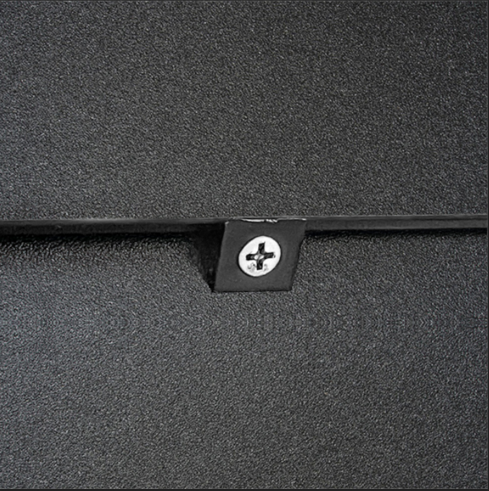 Black textured metal panel with a single silver Phillips head screw