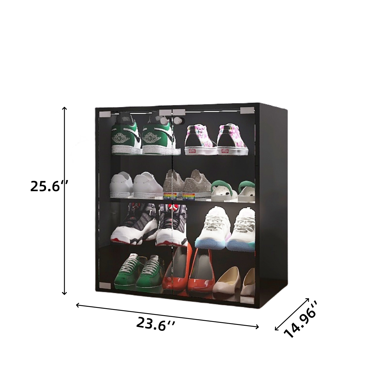 Black clear acrylic shoe display case with multiple shelves