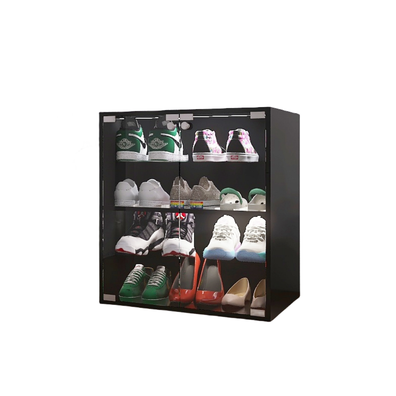 Black acrylic sneaker display case filled with various shoes