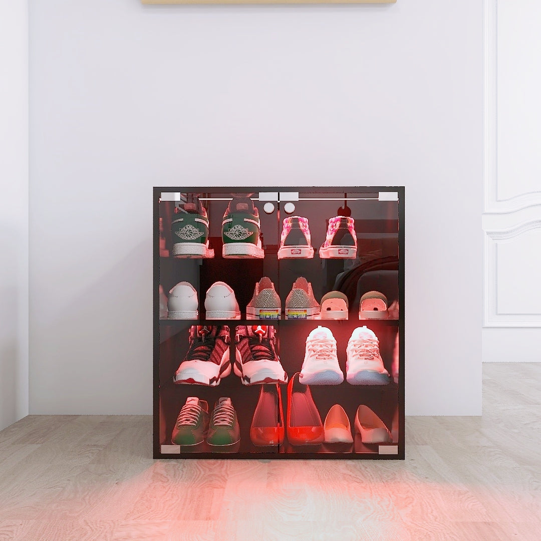 Black shoe display cabinet with LED lighting showcasing various sneakers and heels