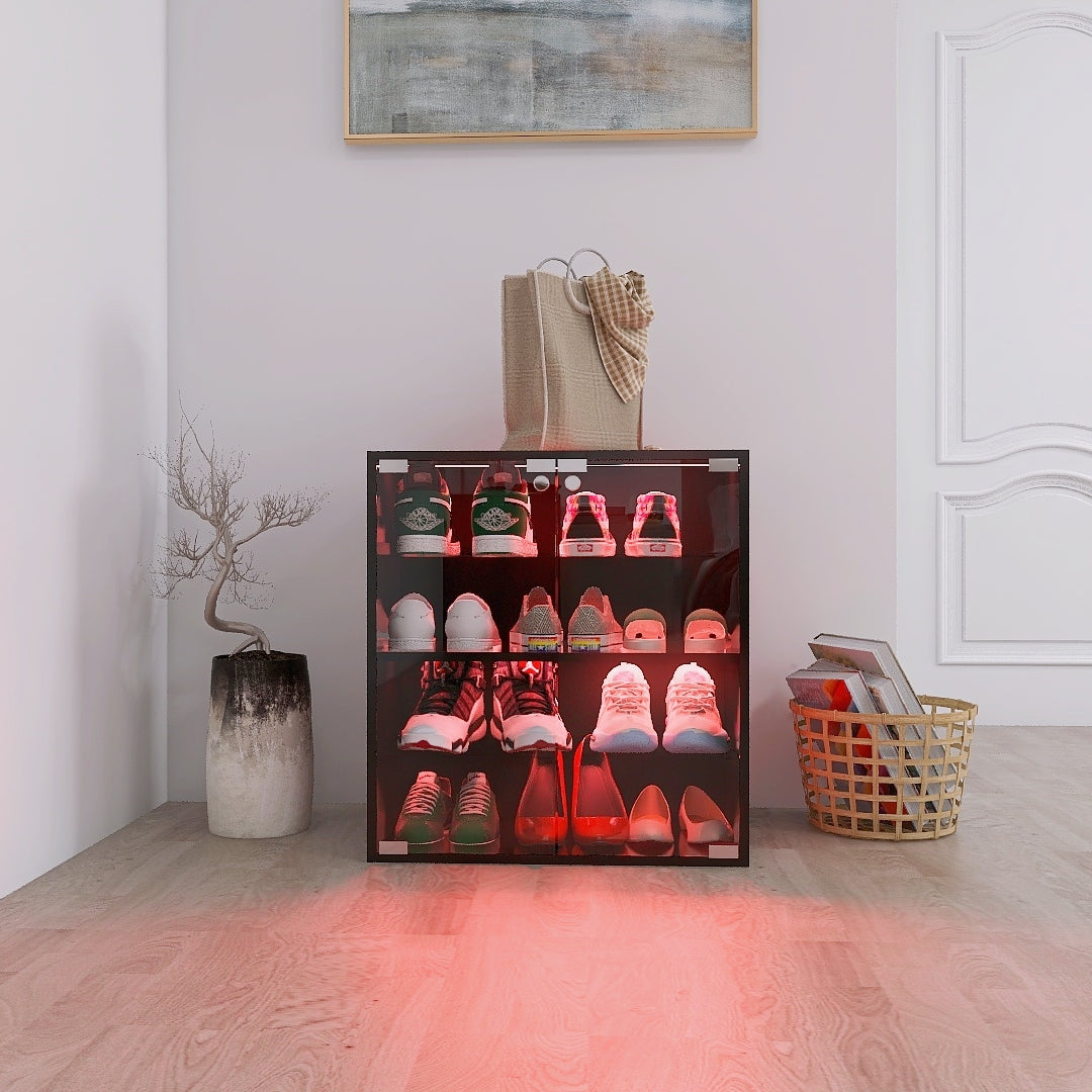 Black acrylic shoe cabinet with LED lighting displaying assorted sneakers and heels