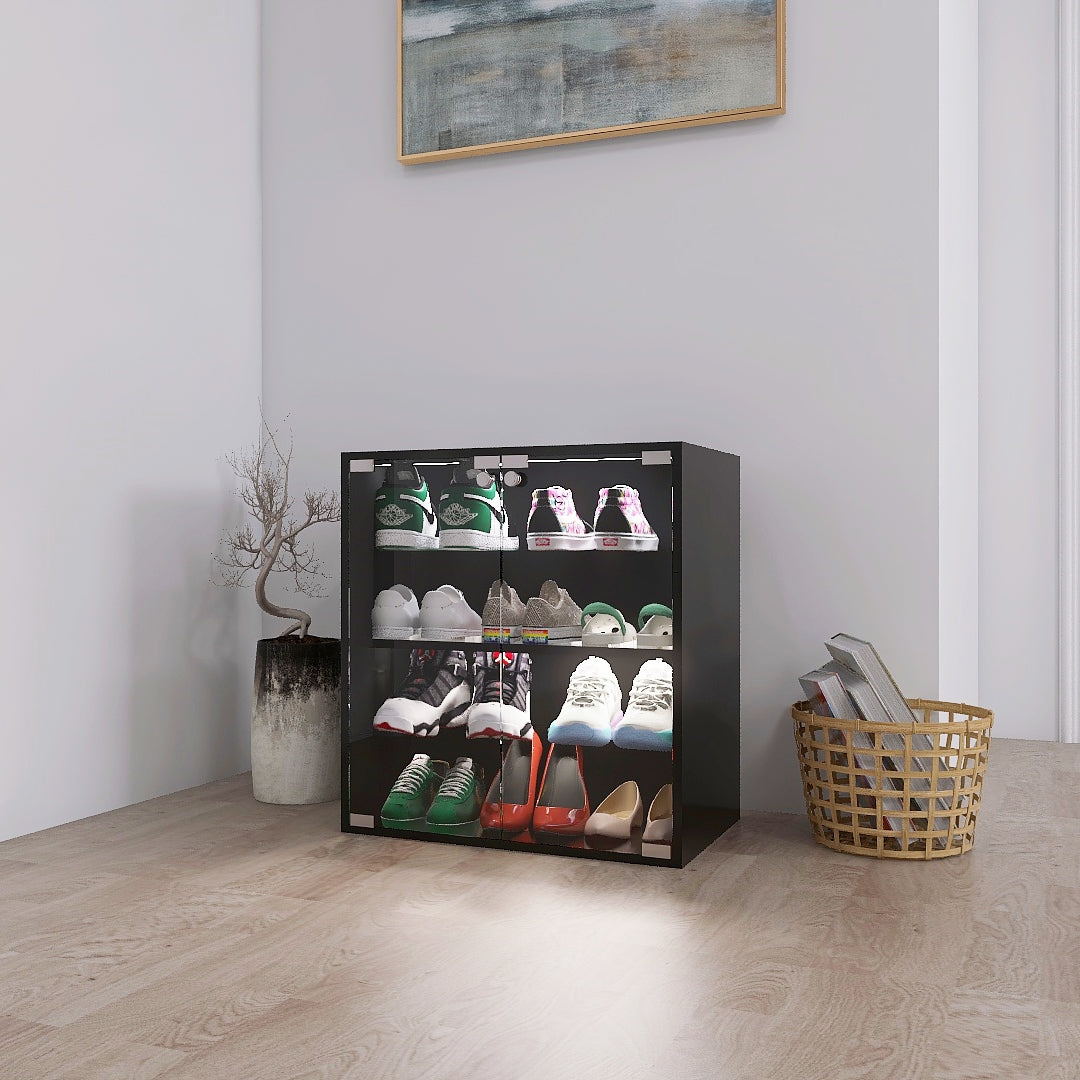 Glass shoe cabinet displaying Jordan s and other sneakers