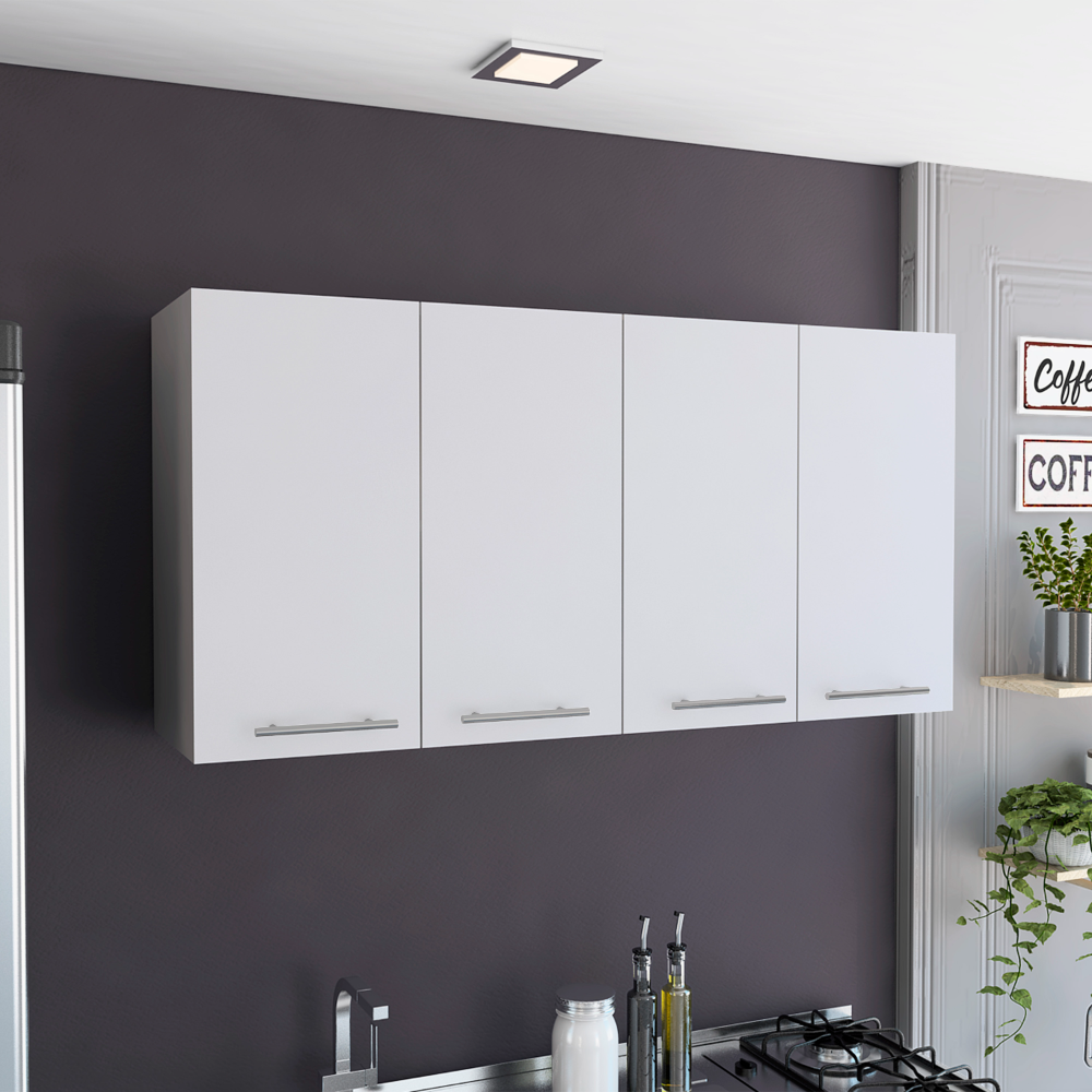 Four white contemporary kitchen cabinets with silver bar pulls mounted above a dark gray wall