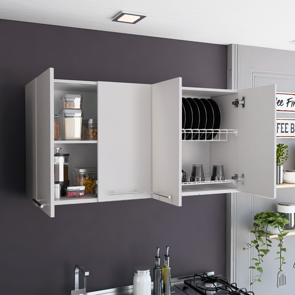 White wallmounted kitchen cabinet with dish rack