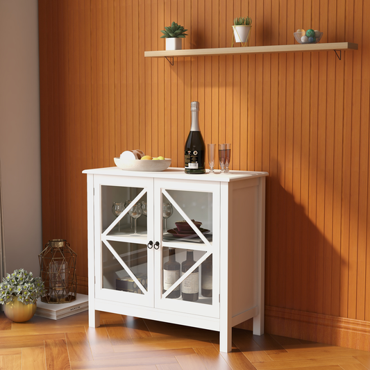White wood glass cabinet with decorative crosspane doors