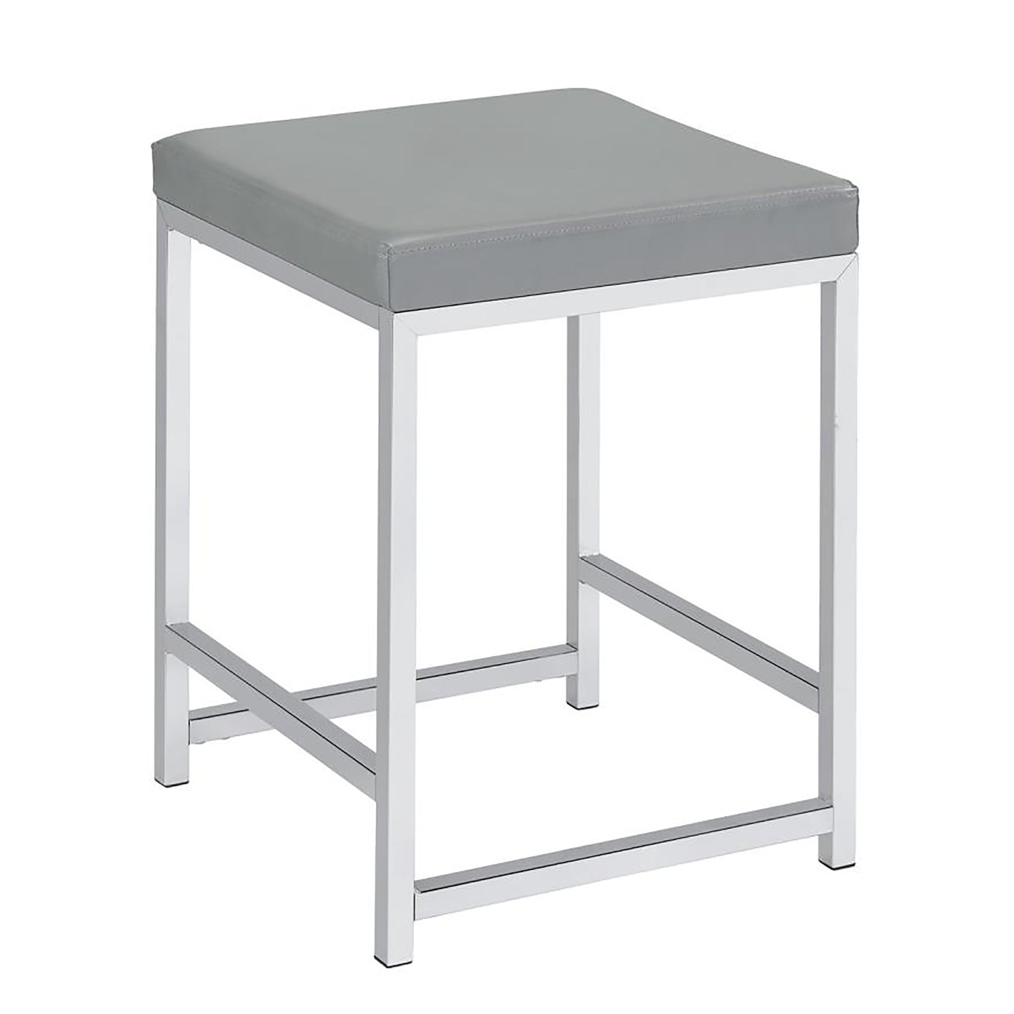 Gray cushioned backless stool with a polished chrome metal frame for modern kitchens