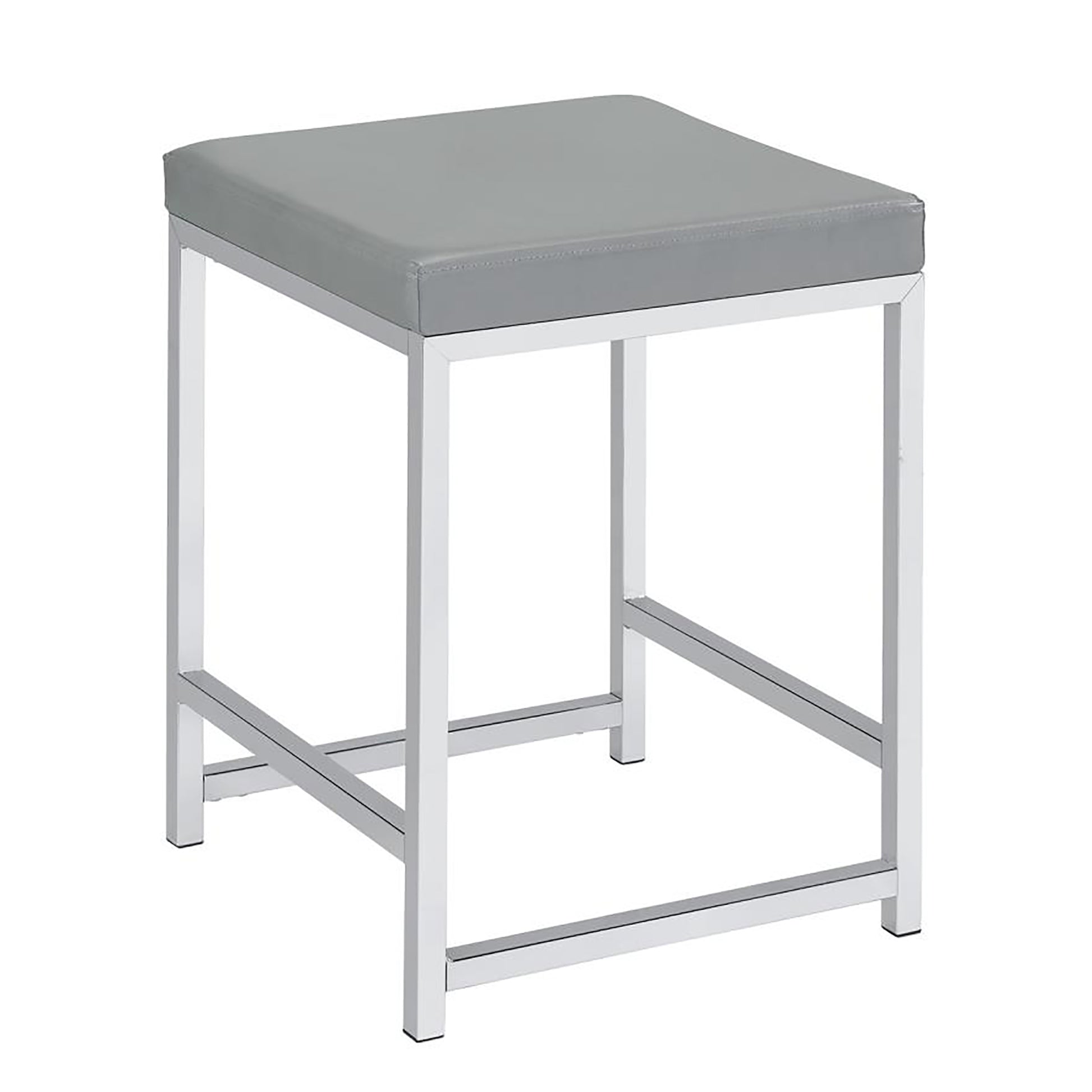 Gray cushioned backless stool with a polished chrome metal frame for modern kitchens