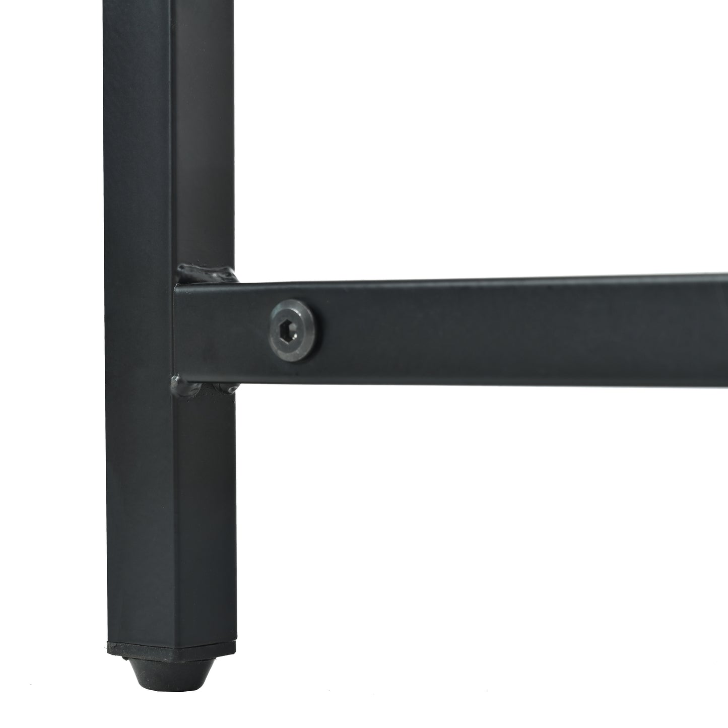 Black metal table leg with hex bolt detail and rubber foot