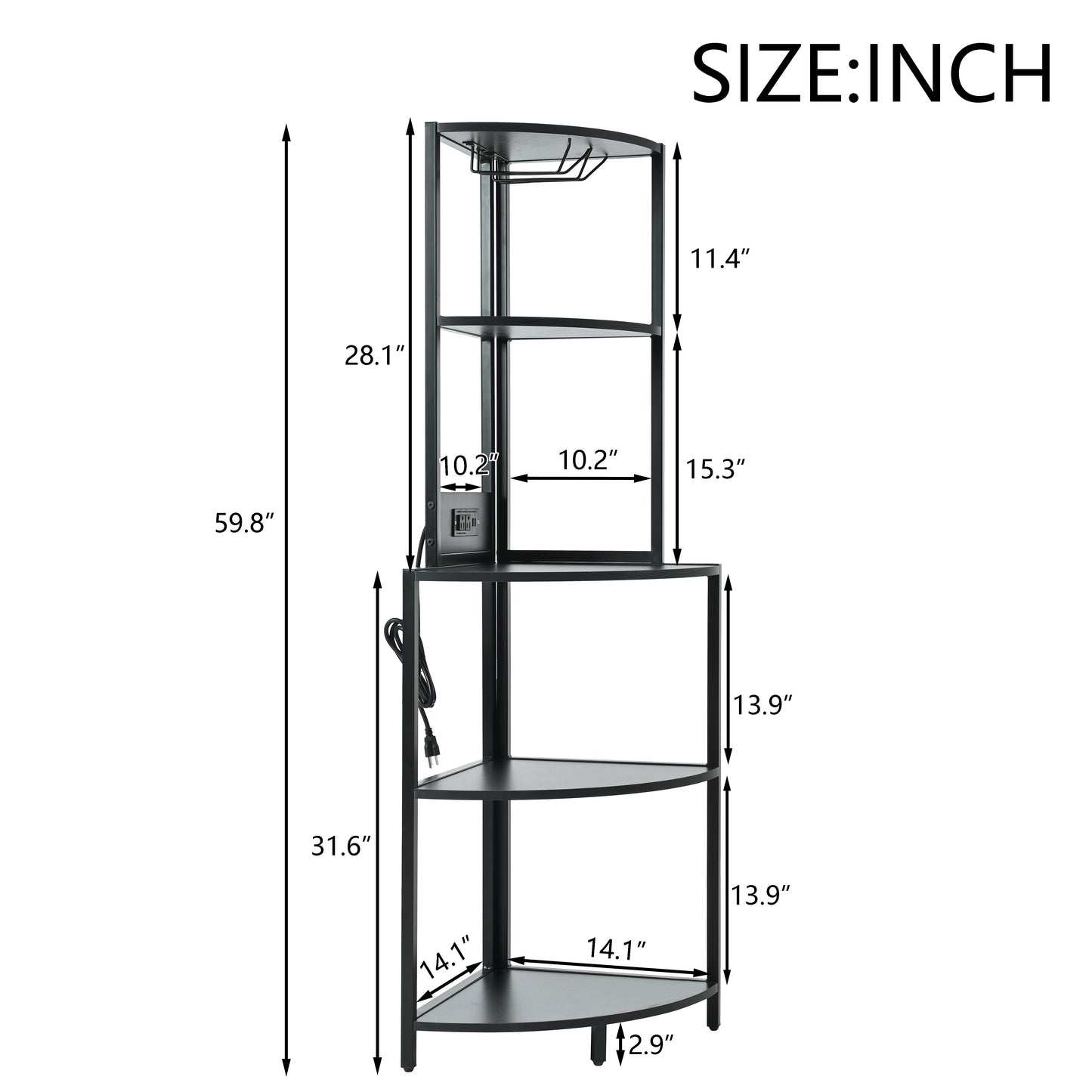 Black metal corner shelf with integrated power outlets and wine glass rack