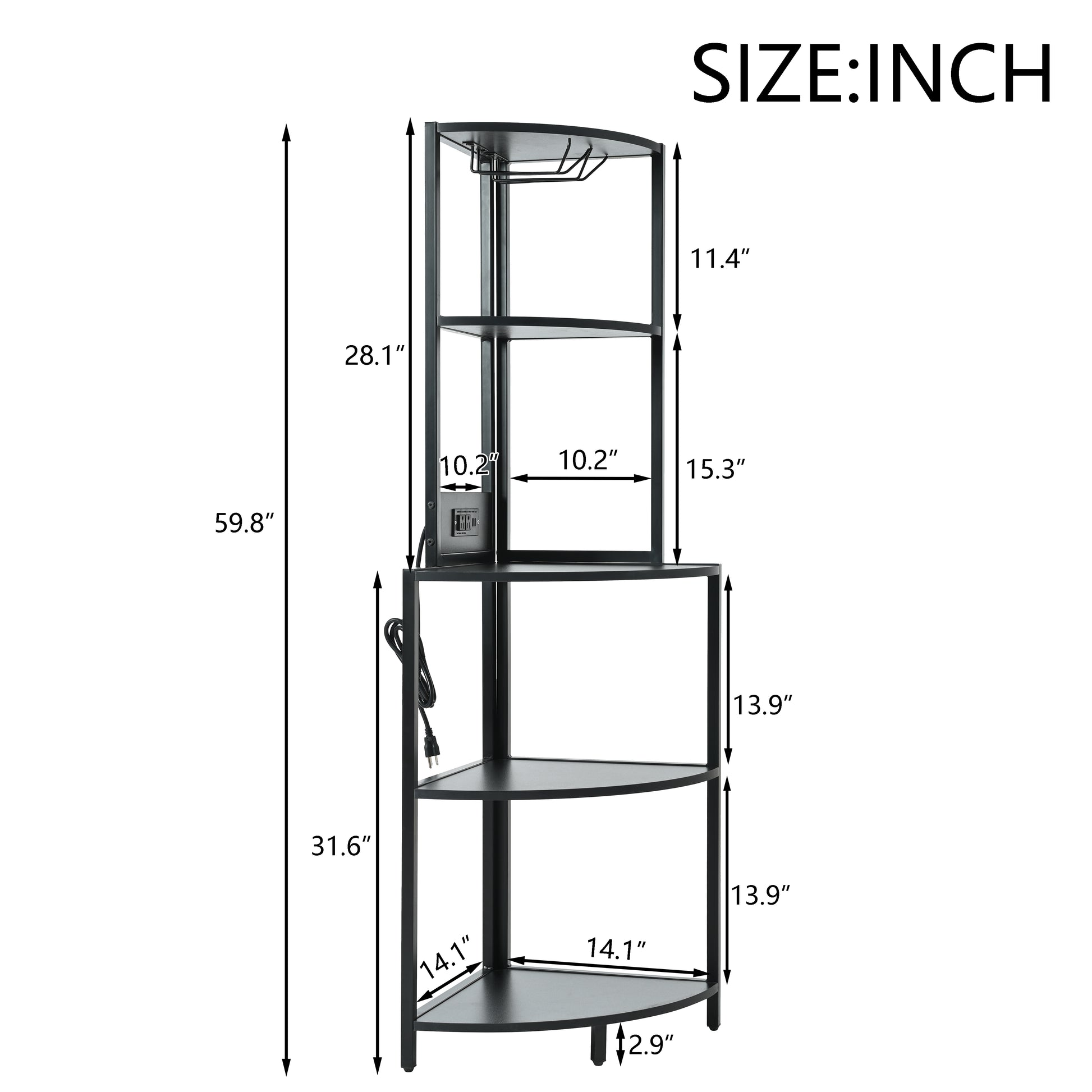 Black metal corner shelf with integrated power outlets and wine glass rack