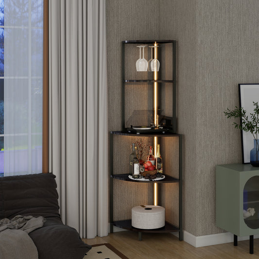 Modern corner shelf unit with glass holders and integrated lighting