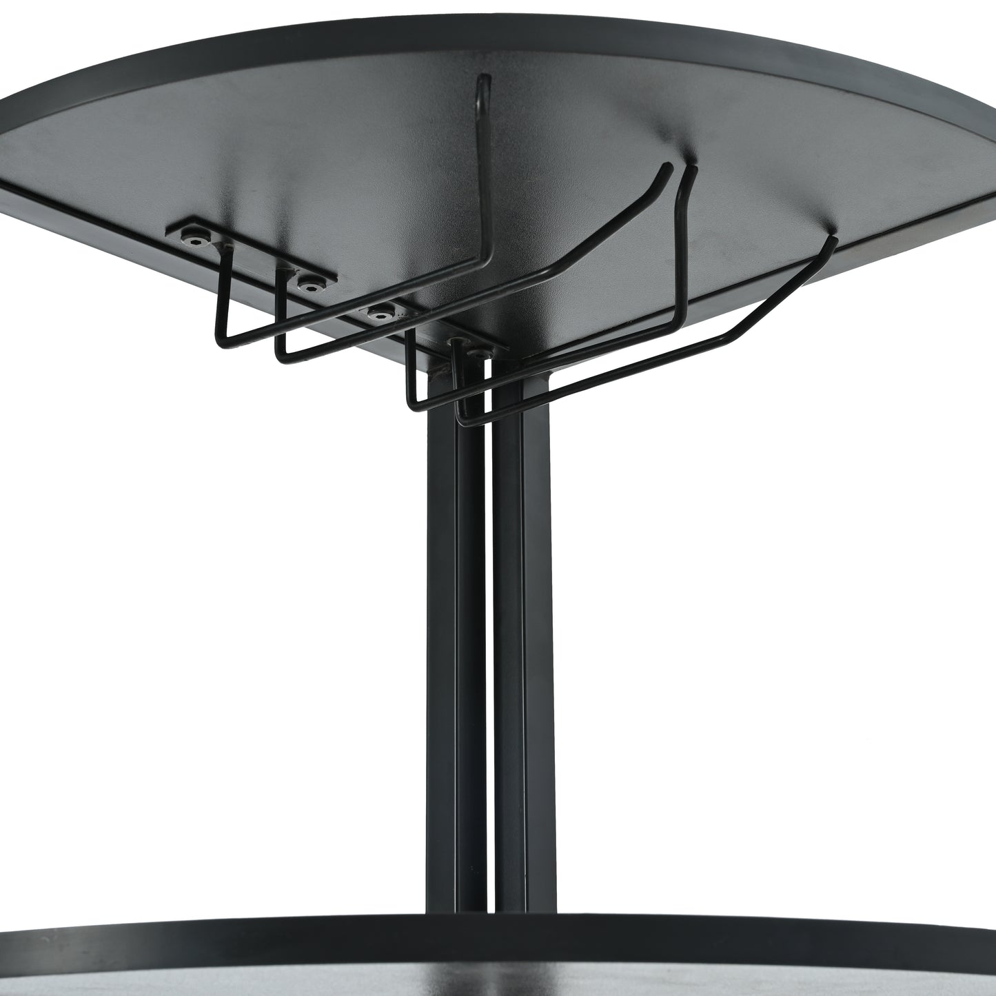 Black metal wine glass rack attached to underside of table