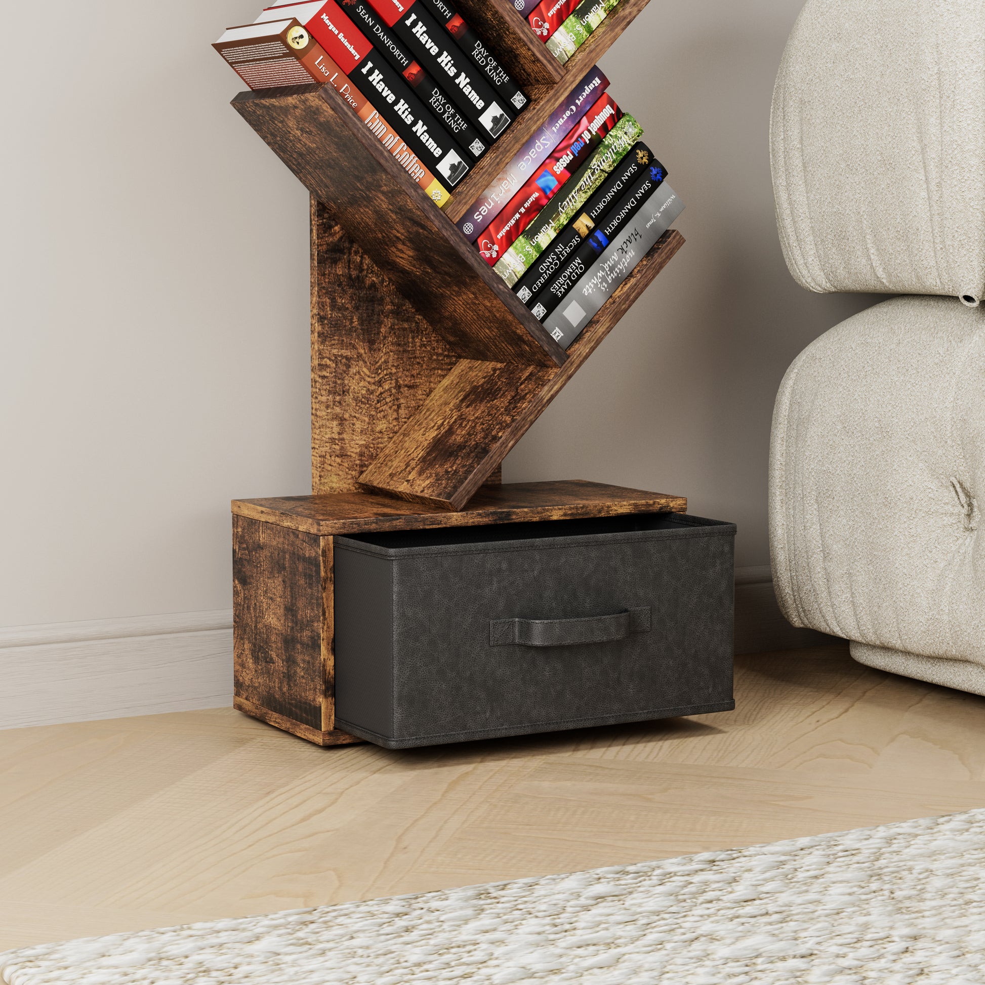 Rustic wooden tree bookshelf with a dark gray fabric storage drawer