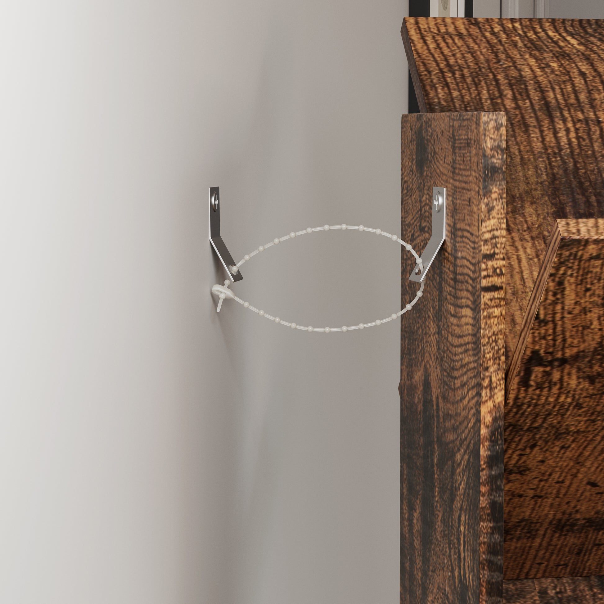White beaded cord with metal wall mount