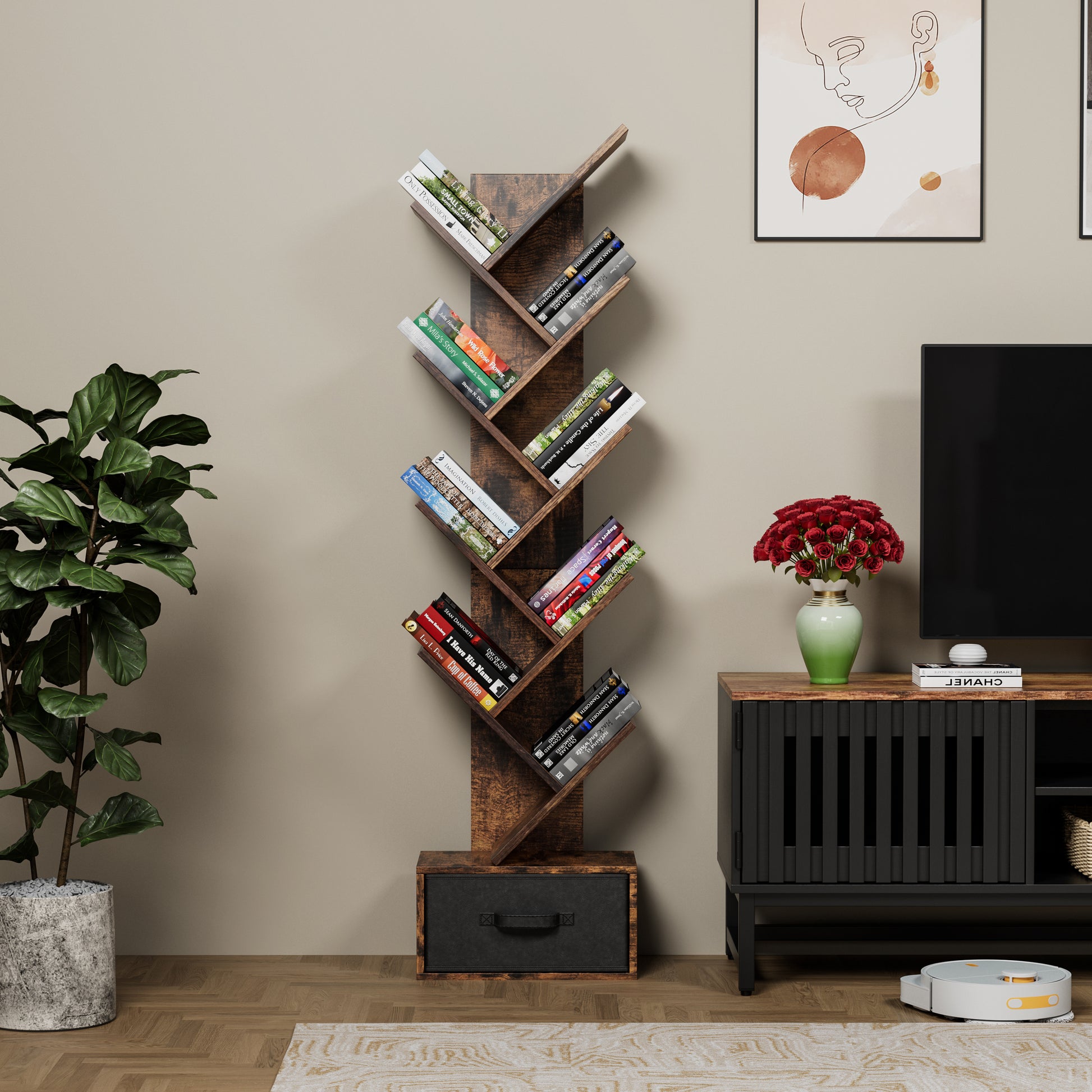 Rustic brown tree bookshelf with assorted books and drawer