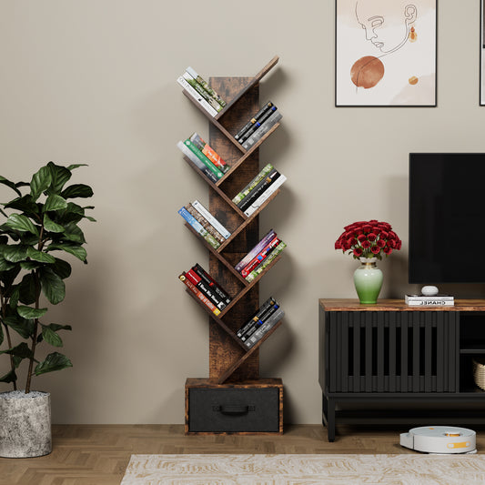 Rustic brown tree bookshelf with assorted books and drawer
