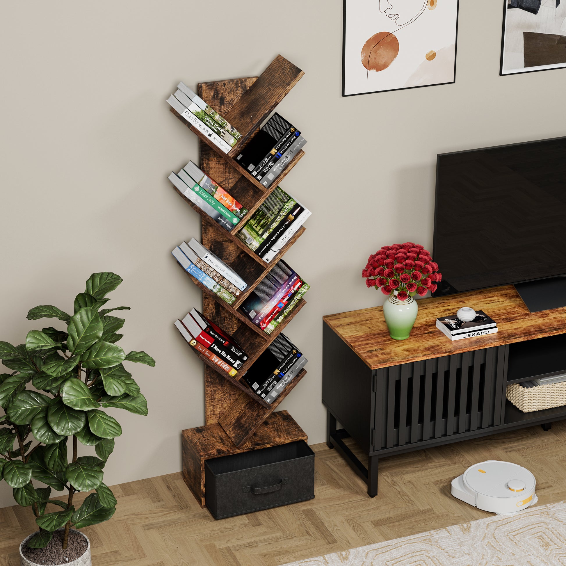 Rustic wooden tree bookshelf with assorted books and black storage drawer
