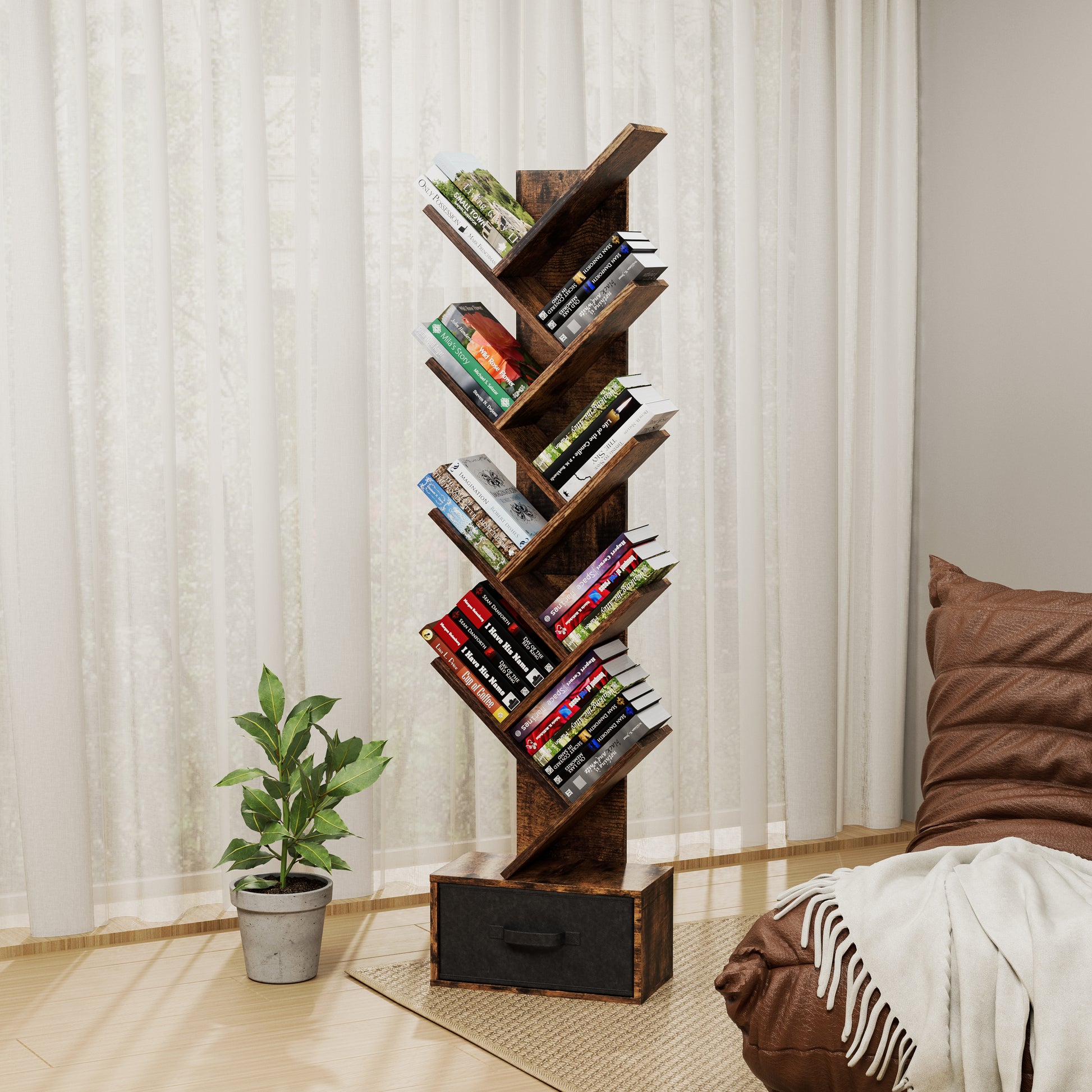 Rustic brown tree bookshelf with  tiers and a storage drawer