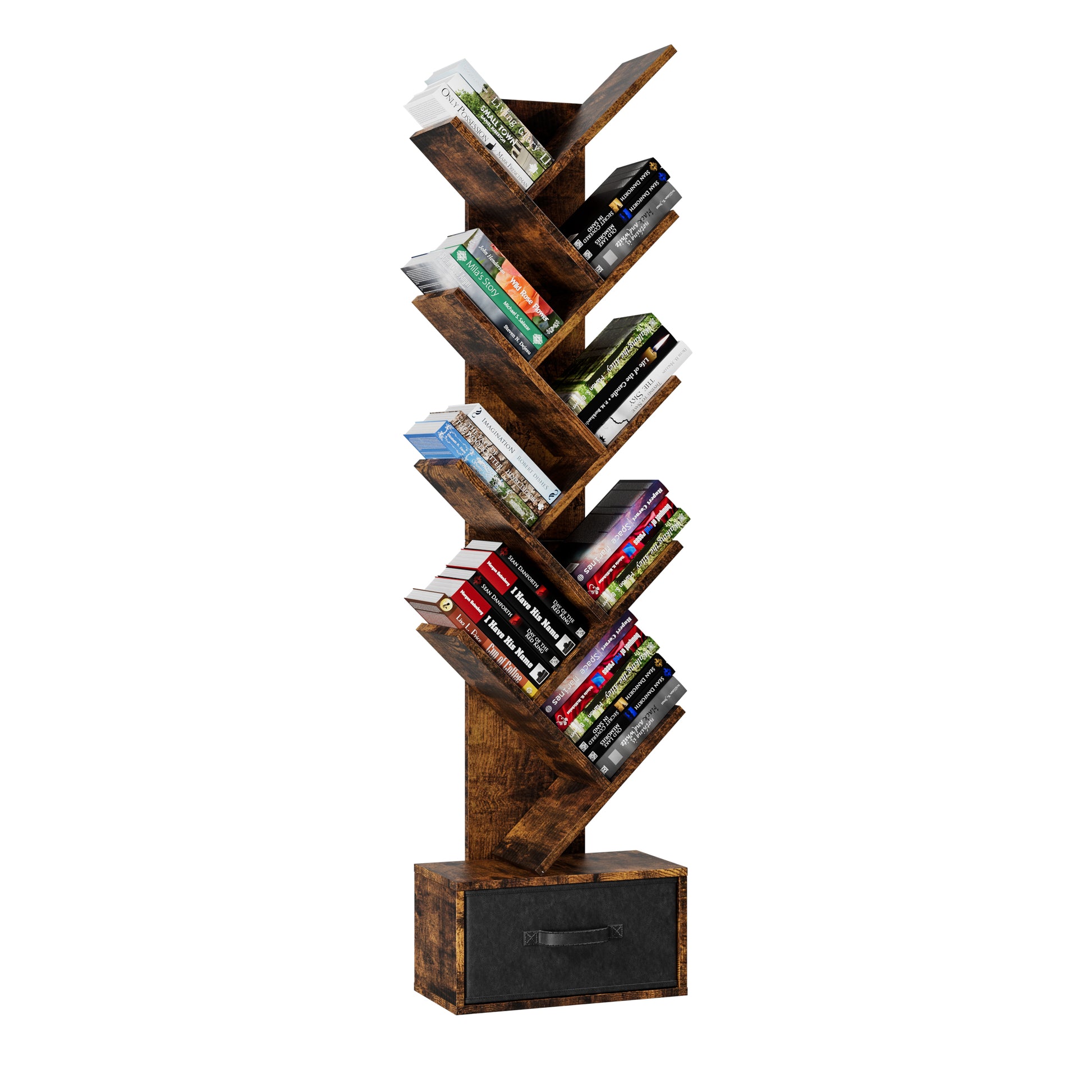 Rustic brown tree bookshelf with drawer