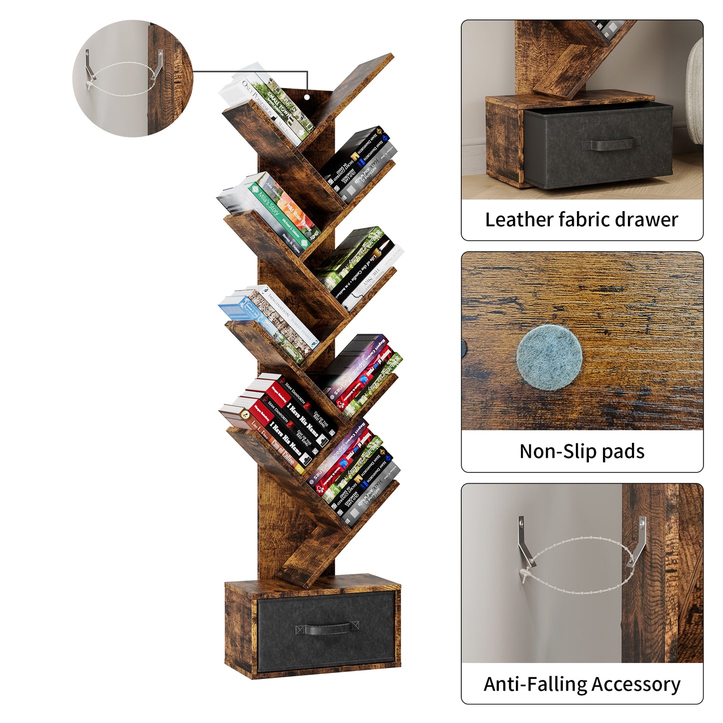 Rustic brown tree bookshelf with  branches holding books and a drawer