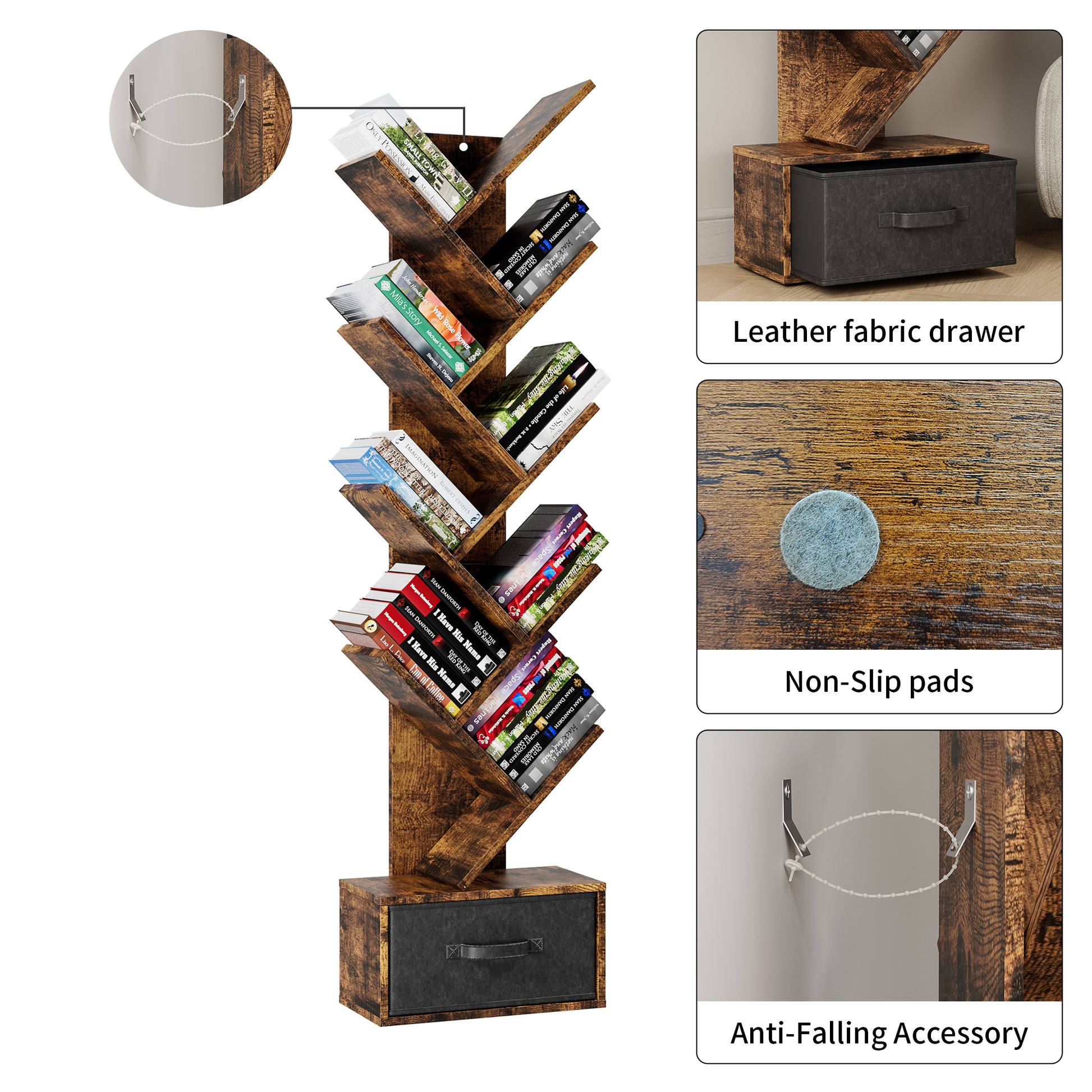 Rustic brown tree bookshelf with  branches holding books and a drawer