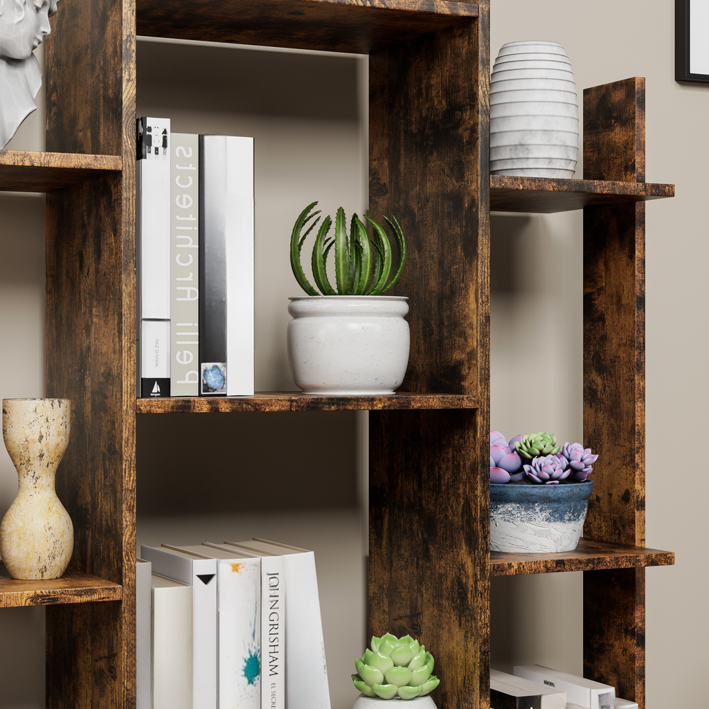 Rustic wood bookshelf displaying a white ceramic pot with a green succulent