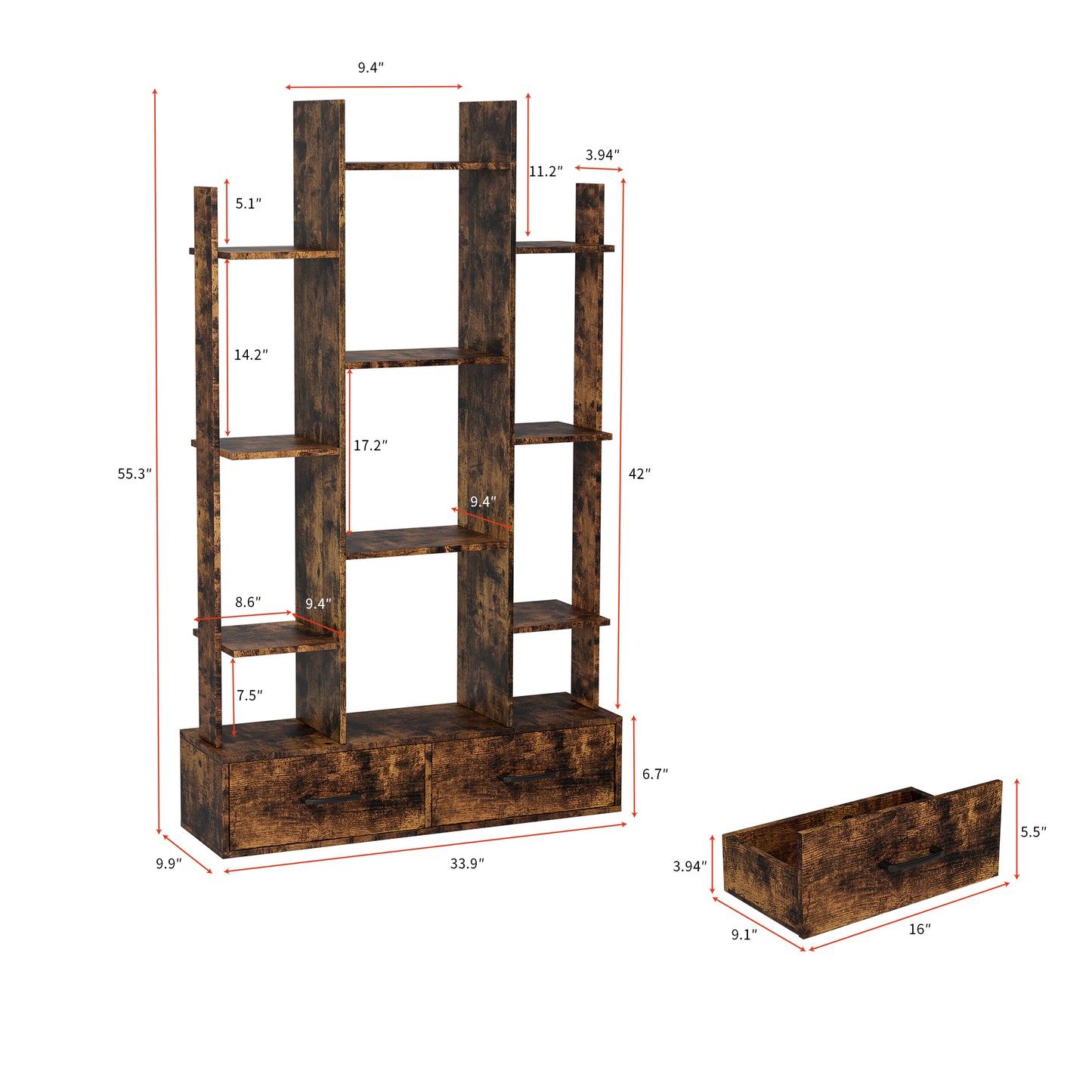 Rustic brown wood bookshelf with open shelving and two drawers