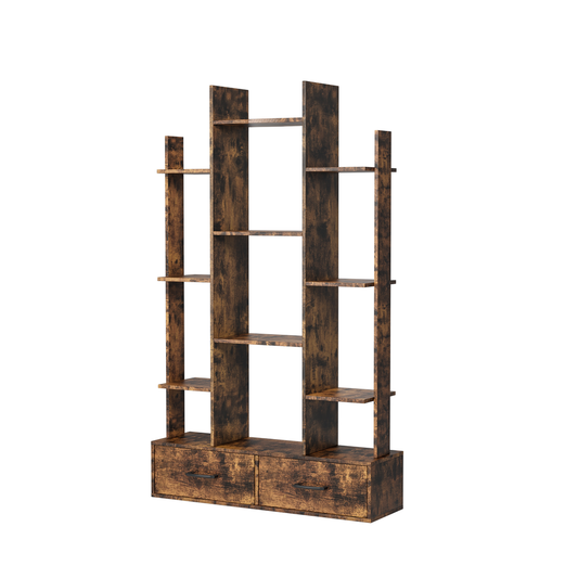 Rustic brown bookshelf with asymmetrical shelves and two drawers