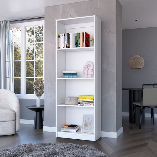 Modern white bookcase with books and decor