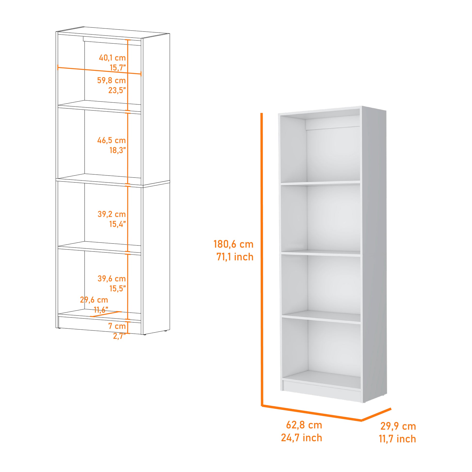 White fourshelf bookcase with clear dimension markings for each shelf