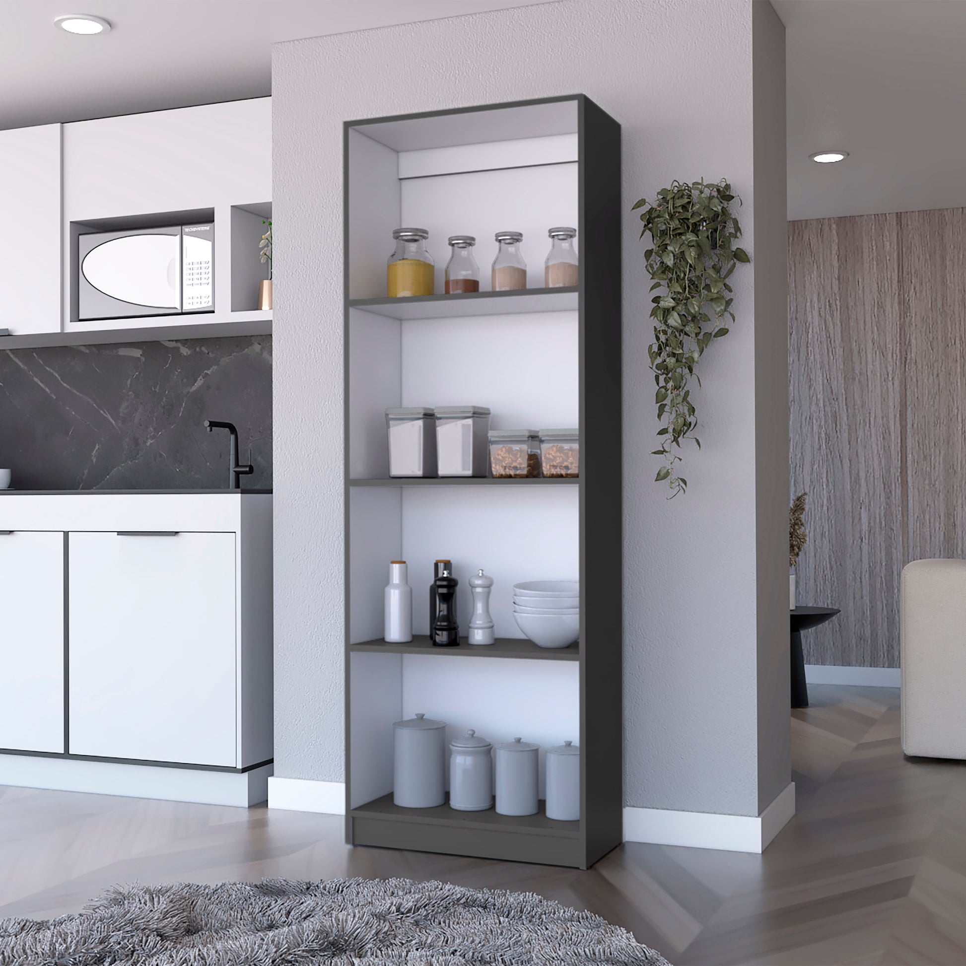 Tall gray open shelving unit with kitchenware