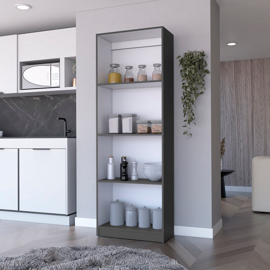Tall gray open shelving unit with kitchenware