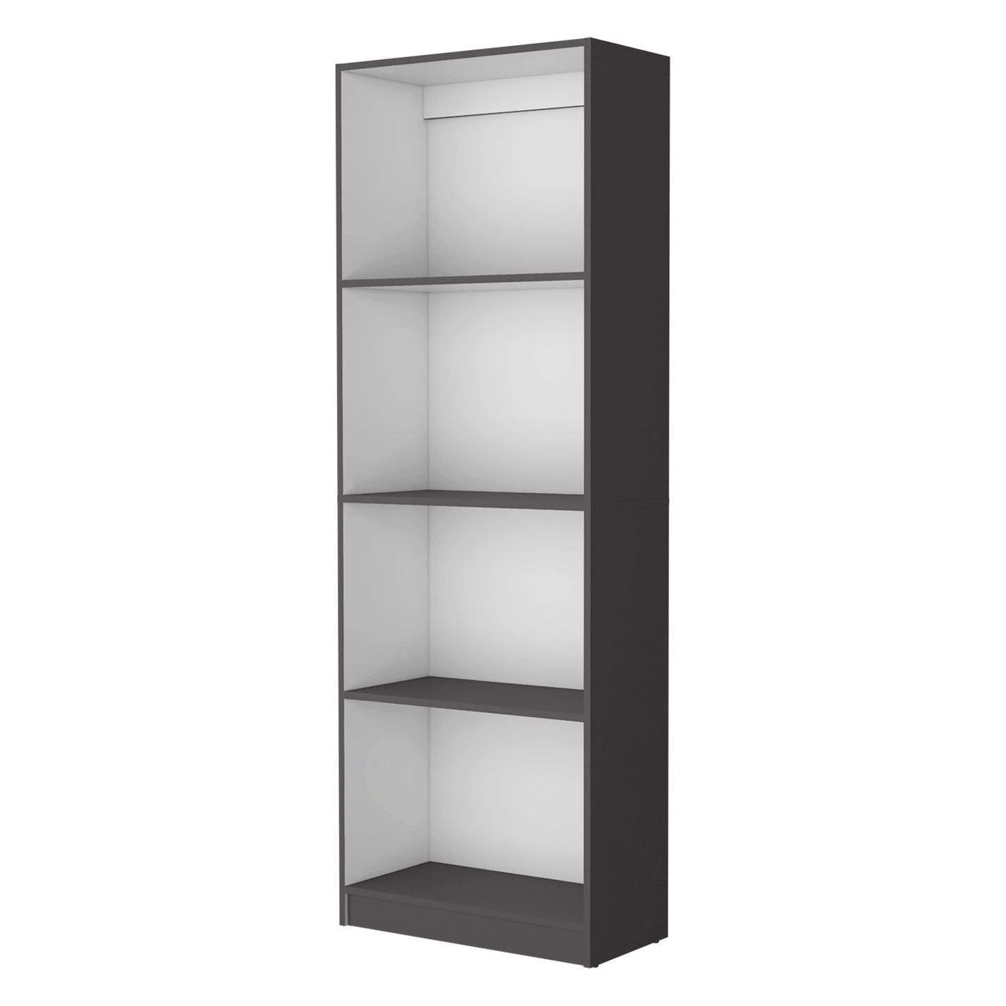 Tall dark gray bookshelf with four open shelves for storage
