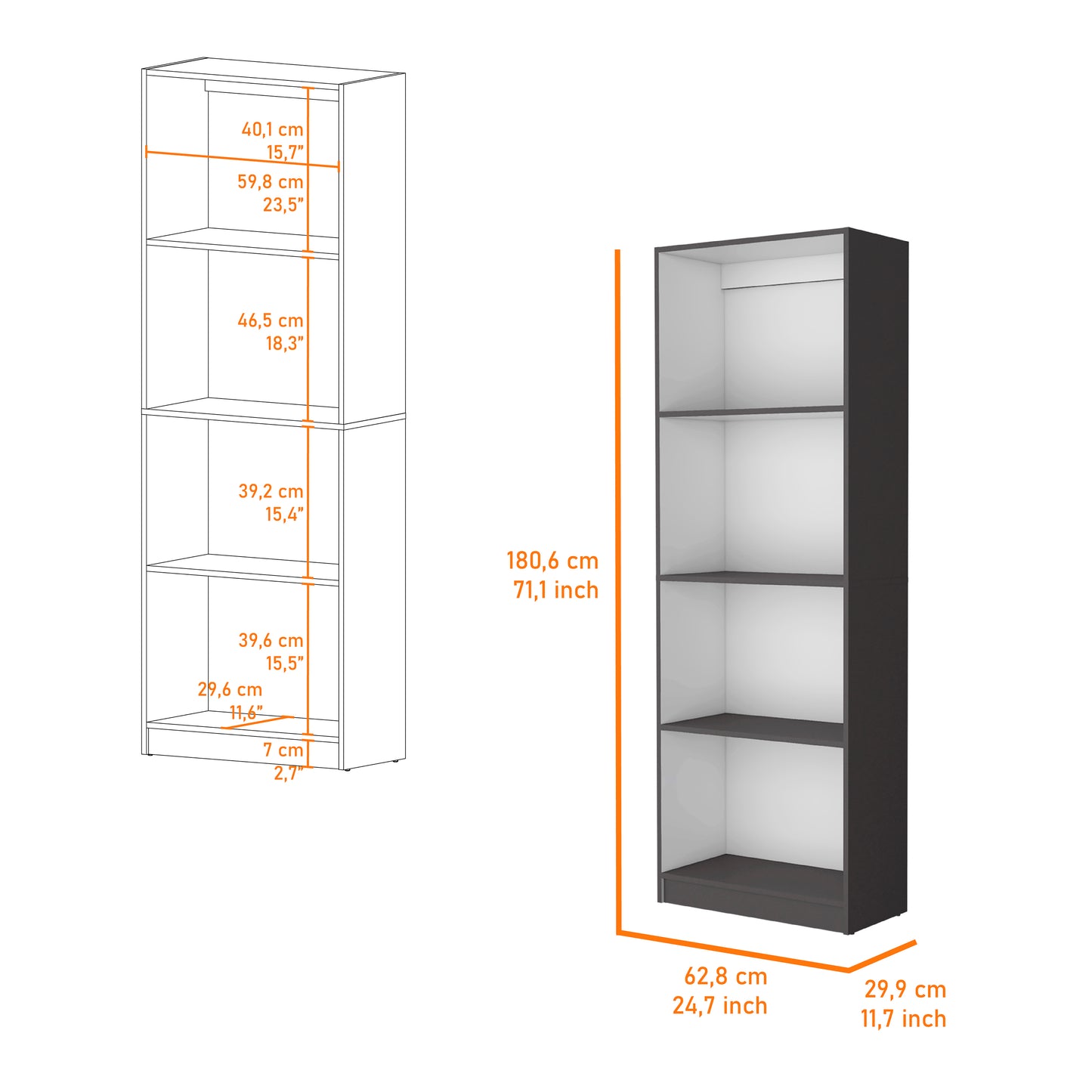 Tall white and dark gray bookcase with  shelves shown with dimensions