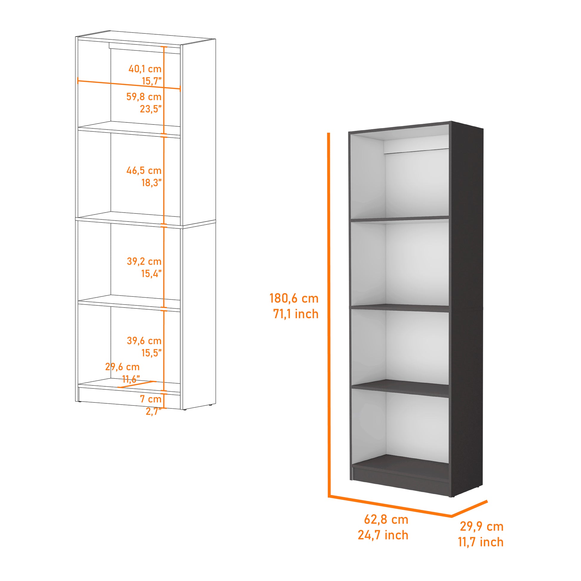 Tall white and dark gray bookcase with  shelves shown with dimensions