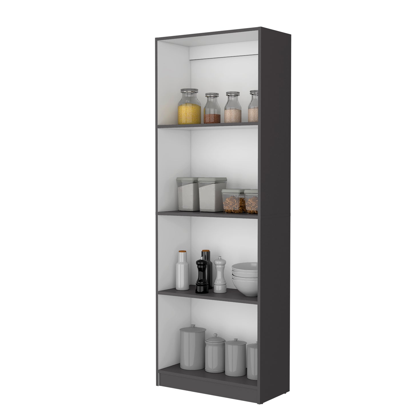 Gray and white modern display shelf with various jars and kitchenware
