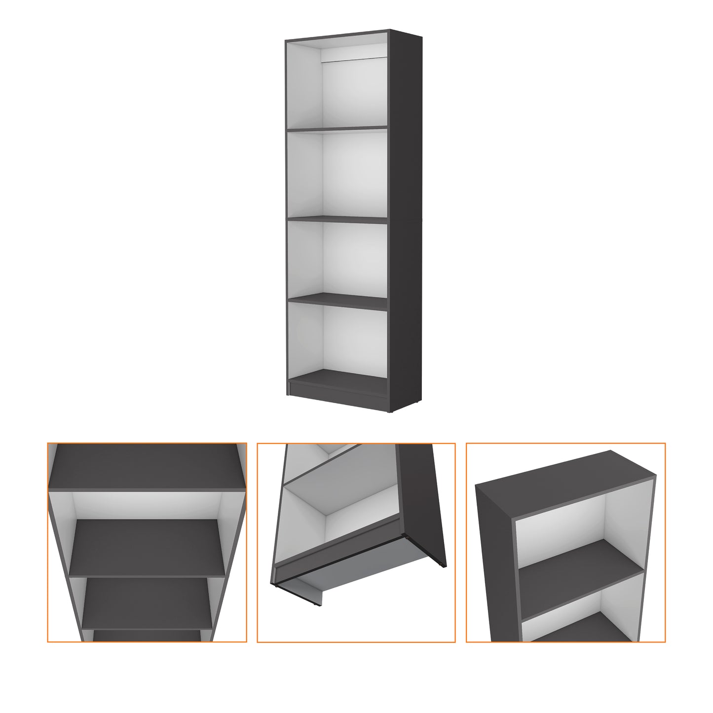 Tall dark gray modern bookcase with white interior and four shelves