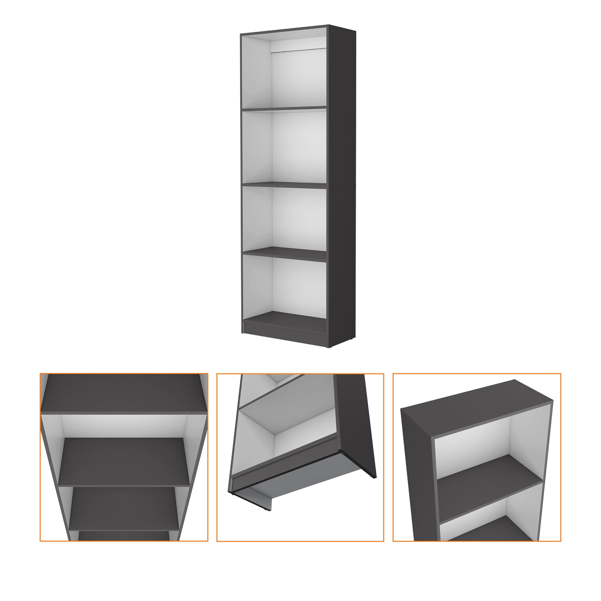 Tall dark gray modern bookcase with white interior and four shelves