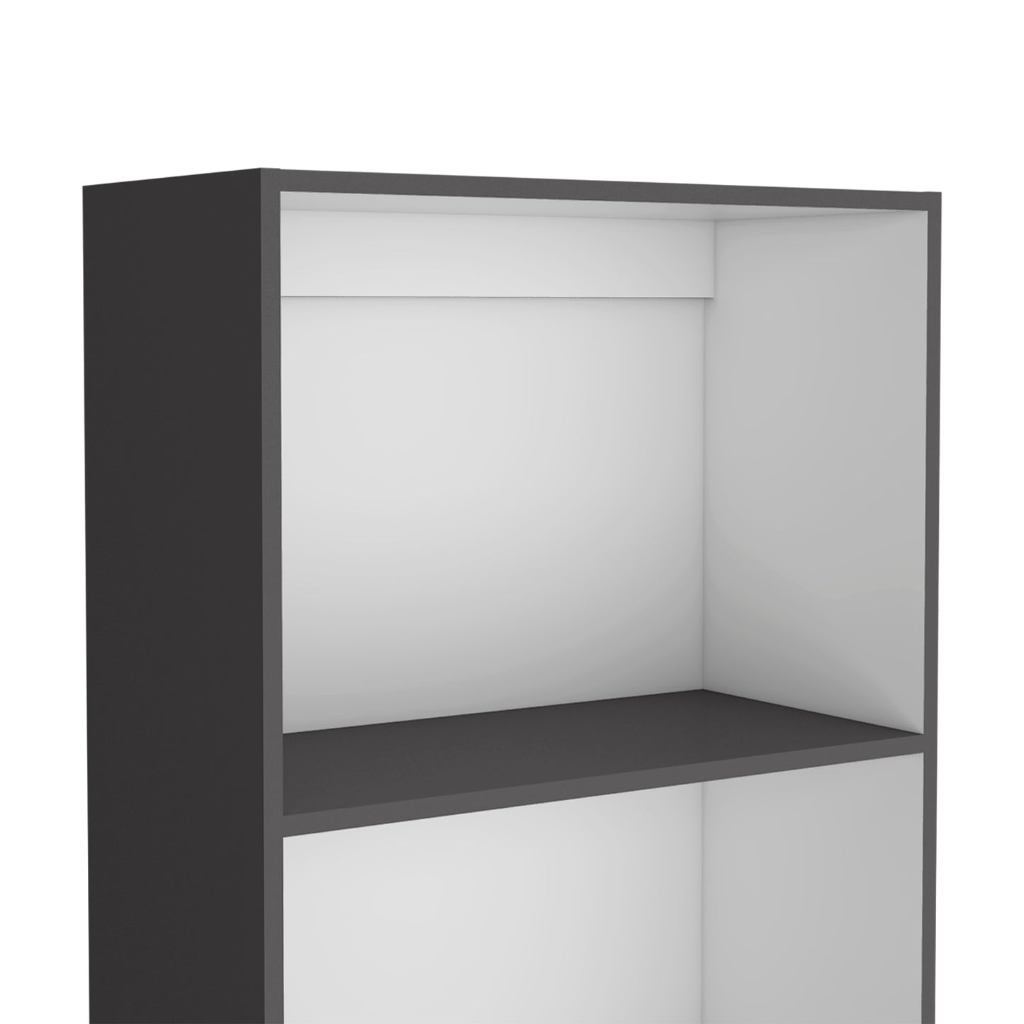 Dark grey modern bookshelf with white interior shelves