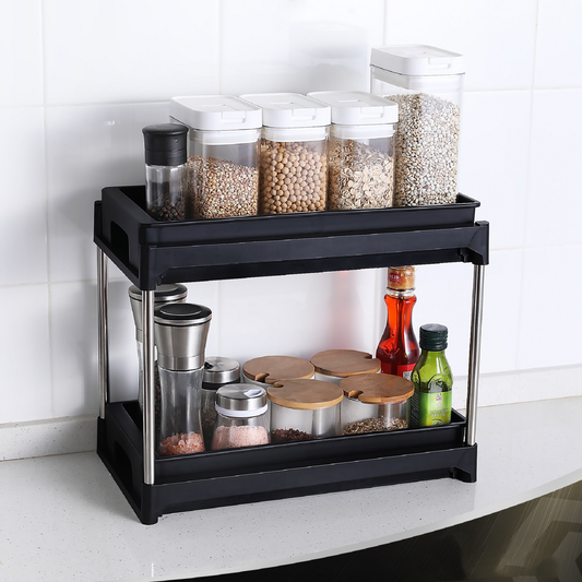 Black twotier kitchen spice rack with clear jars and bottles