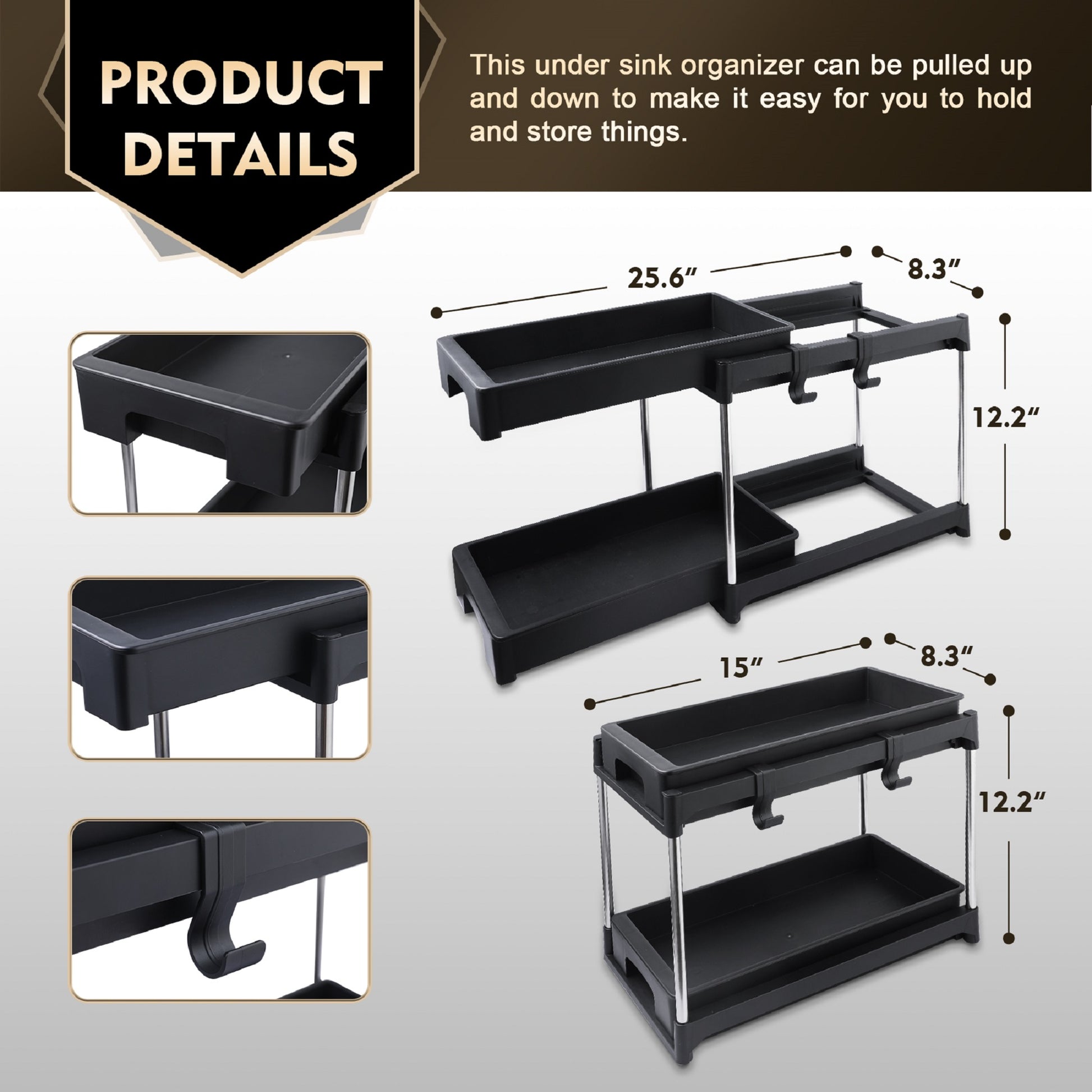 Black twotier under sink organizer with pullout drawers and hanging hooks