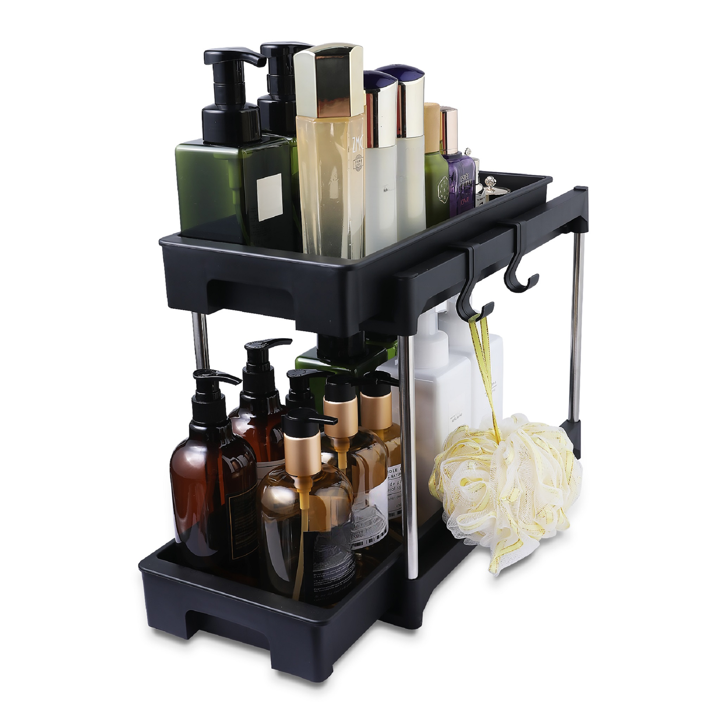 Black tier shower caddy with various bottles and loofah