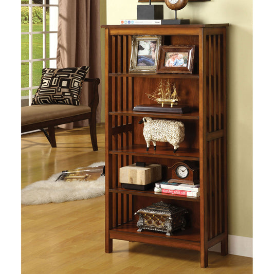 Dark wood missionstyle bookshelf filled with decorative items and books