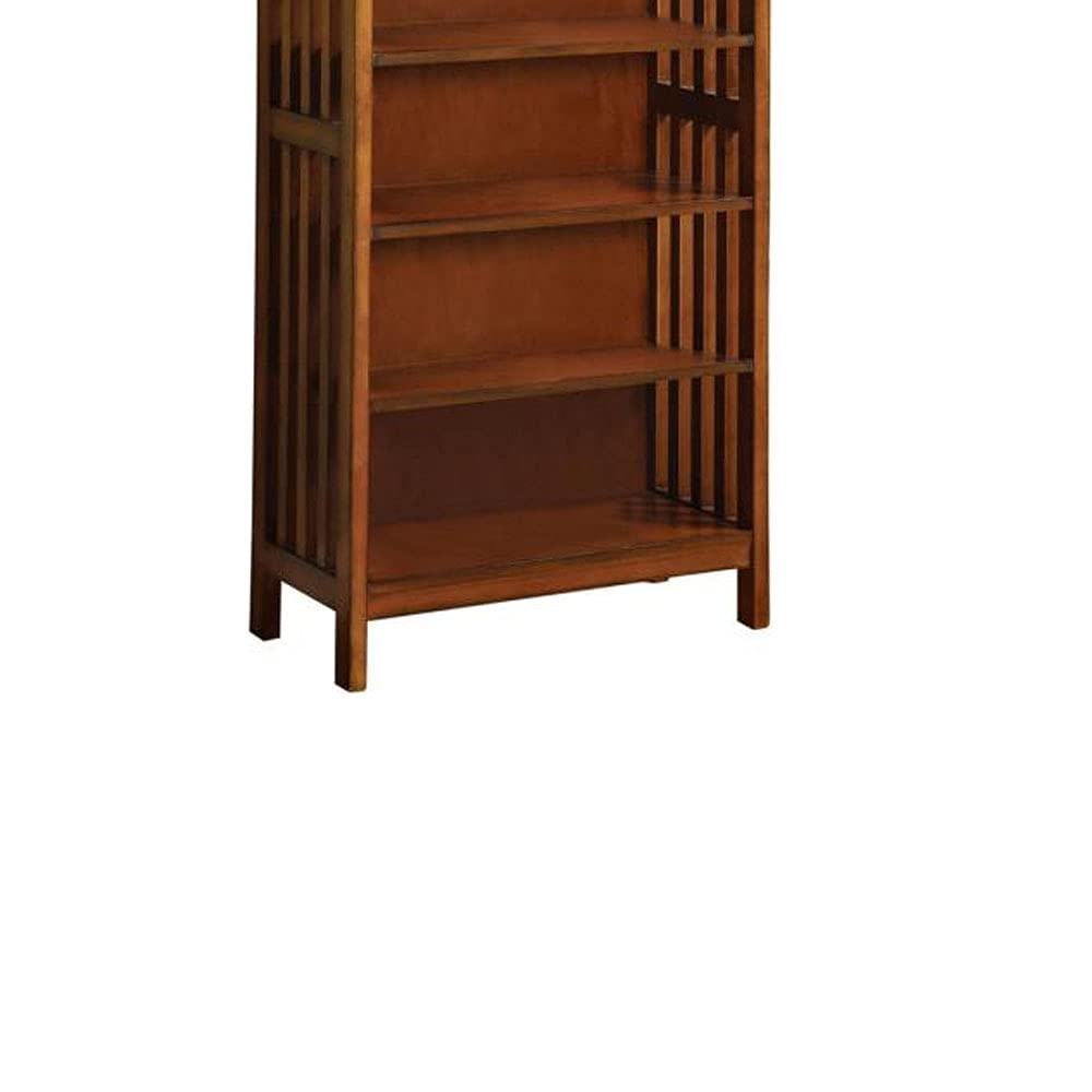 Mission style oak bookshelf with four open shelves and slatted sides
