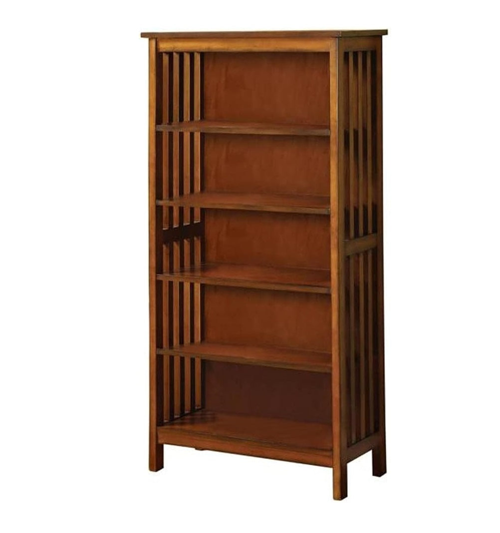 Solid wood shelf bookshelf with slatted sides in a rich brown finish