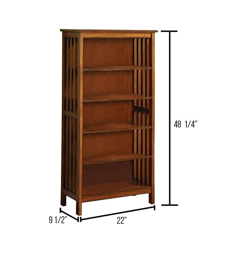 Compact wooden bookshelf with five open shelves and vertical slatted sides