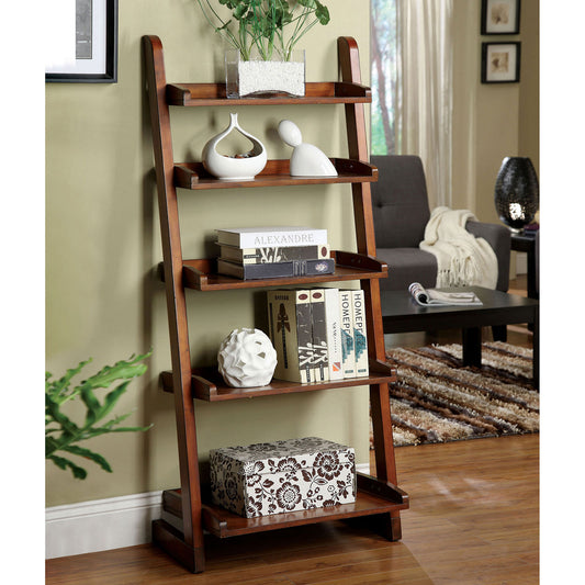 Wooden ladder bookshelf with decorative items