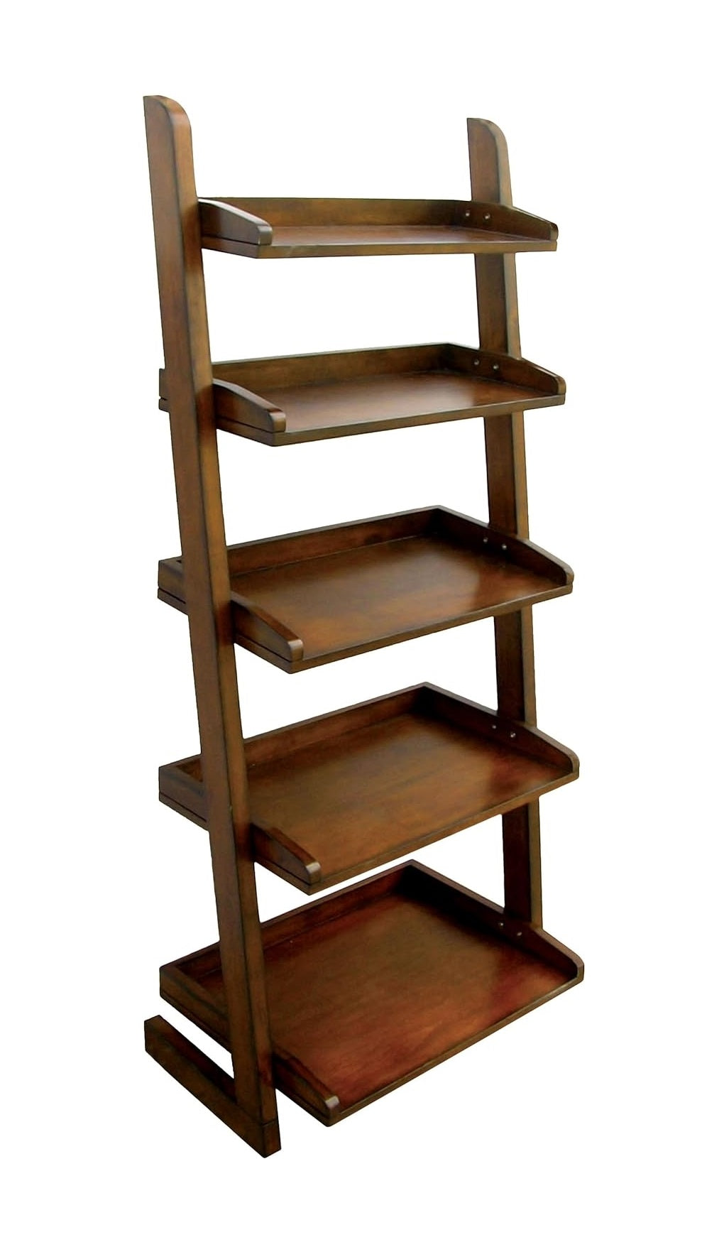 Dark wood leaning bookshelf with five shelves