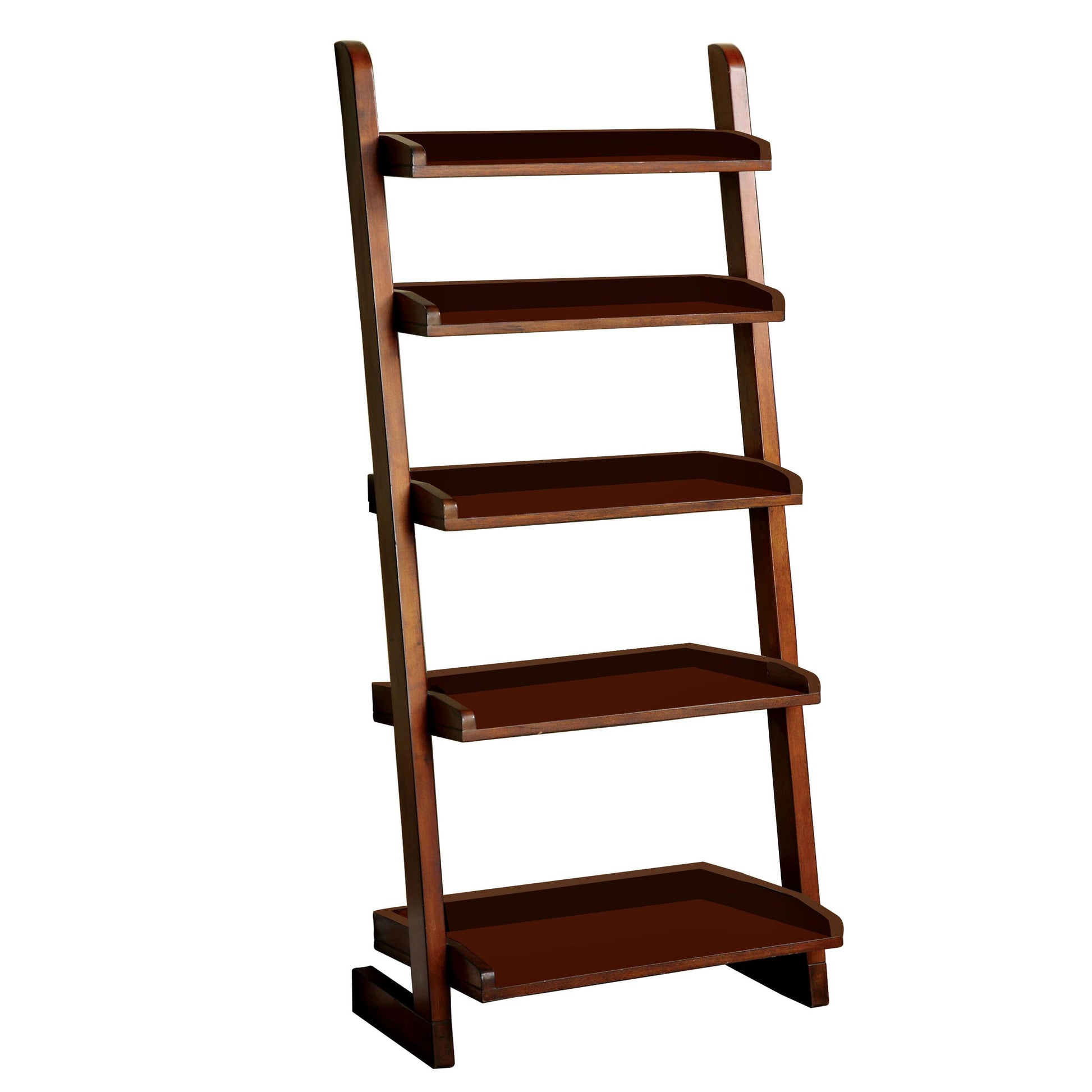 Dark brown wooden ladder bookshelf with five tiered shelves