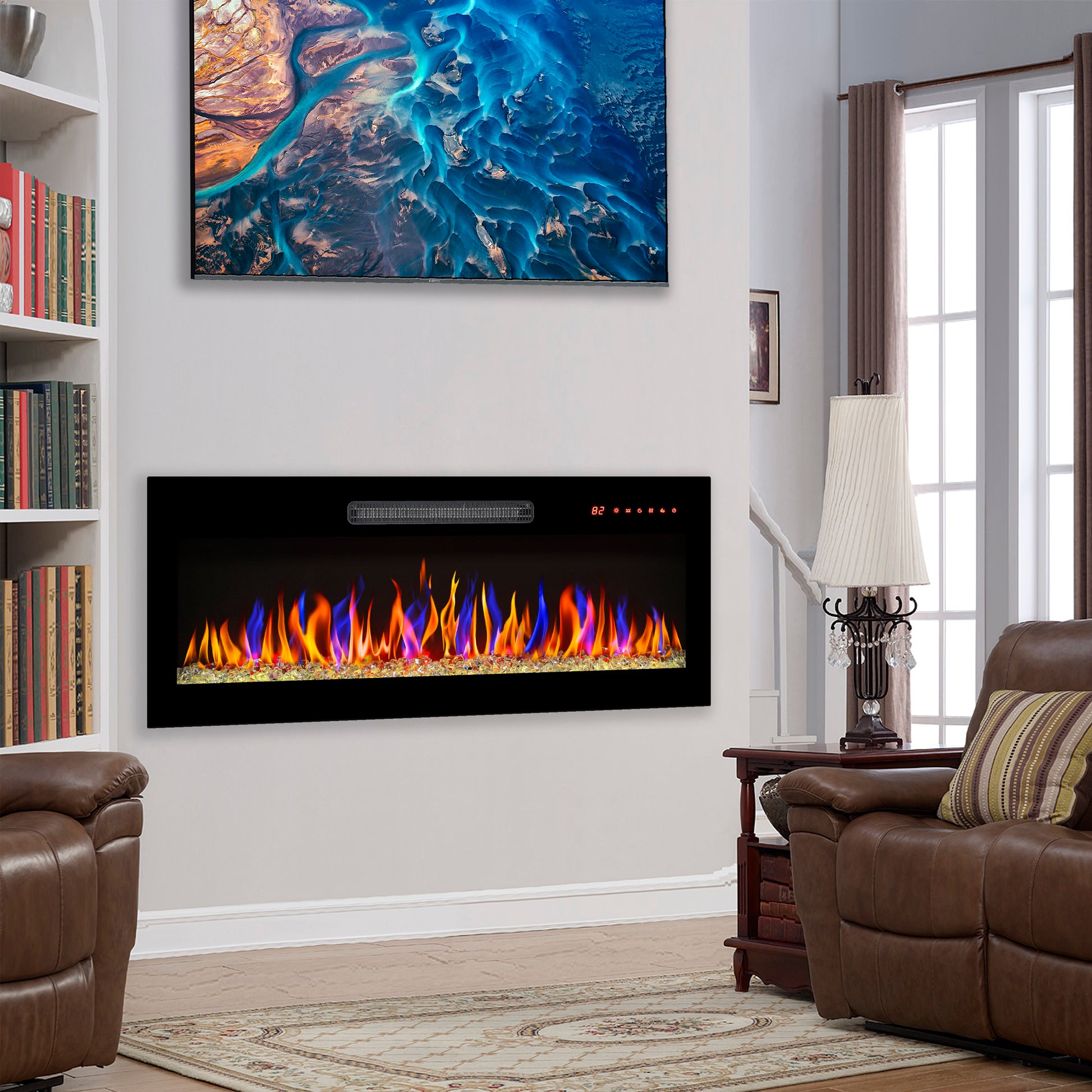 Modern black electric fireplace with realistic flame effect and glass logs